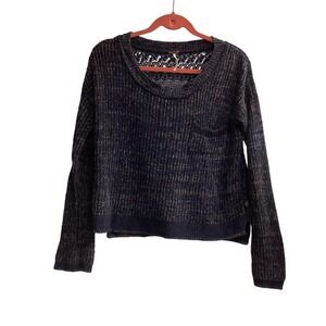 Free People Knit Sweater Long Sleeve Navy Crochet Back Detail‎ Pullover Top XS
